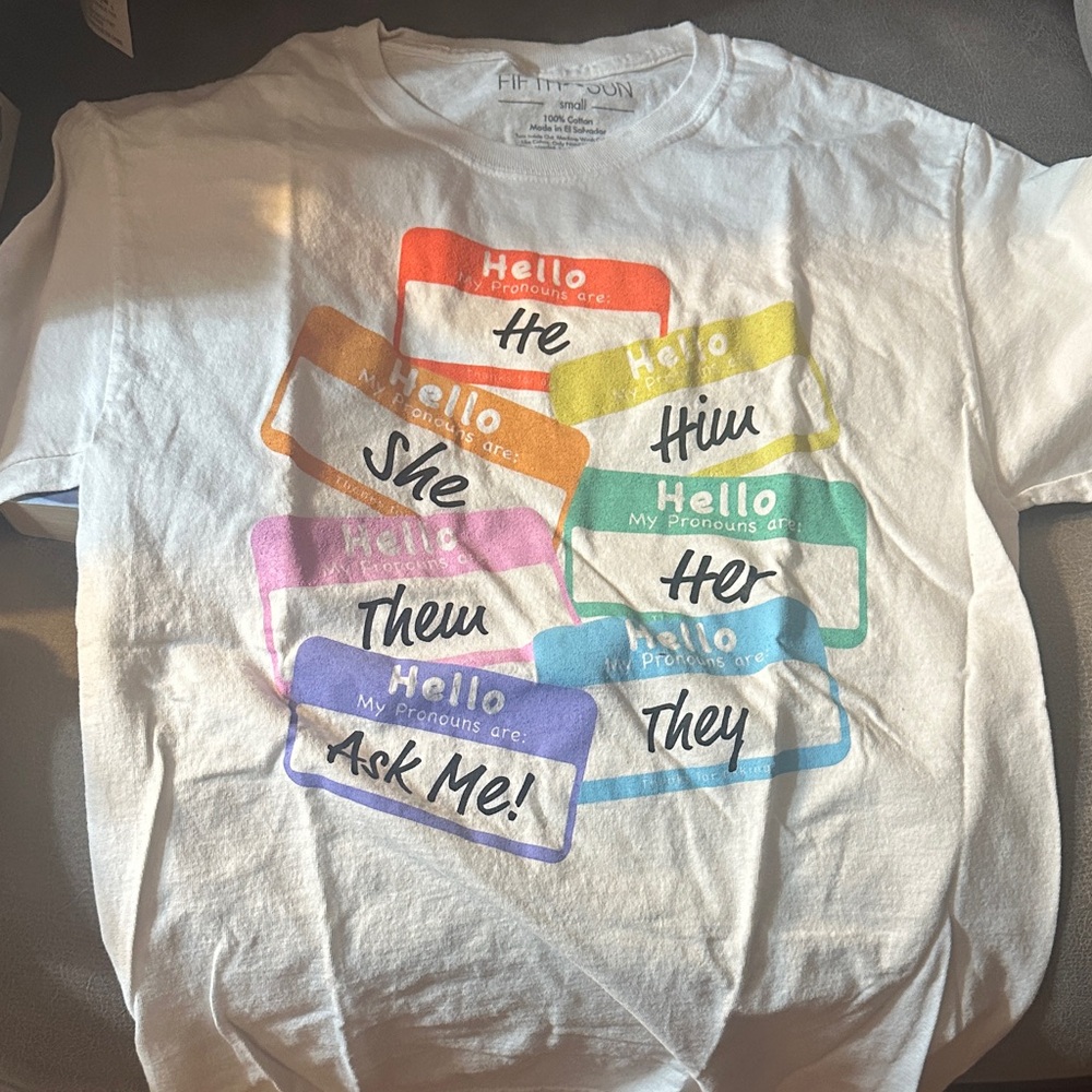 Fifth Sun White Tee with Rainbow Pronoun Name-Tags